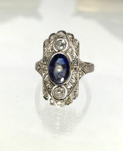 Art Deco Ring mit Saphir, Diamanten und Perle