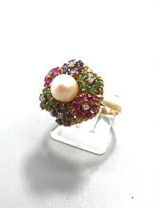 "Blumenkörbchen" Ring mit Edelsteinen und Perle