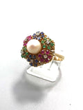 "Blumenkörbchen" Ring mit Edelsteinen und Perle