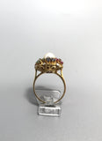 "Blumenkörbchen" Ring mit Edelsteinen und Perle