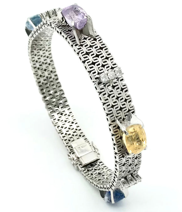 Armband mit farbigen Edelsteinen und Diamanten, 750er Weißgold