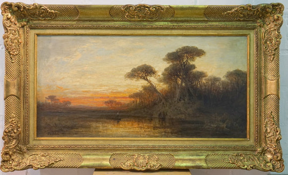F.C. Welsch 1875 Impressionistische Landschaft mit Abendsonne am Fluss